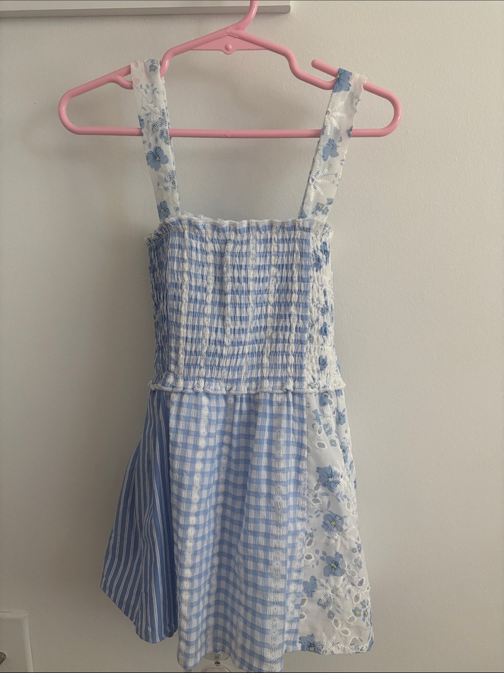 Blue Patchwork Sundress for Girls - Smocked Bodice Casual Dress